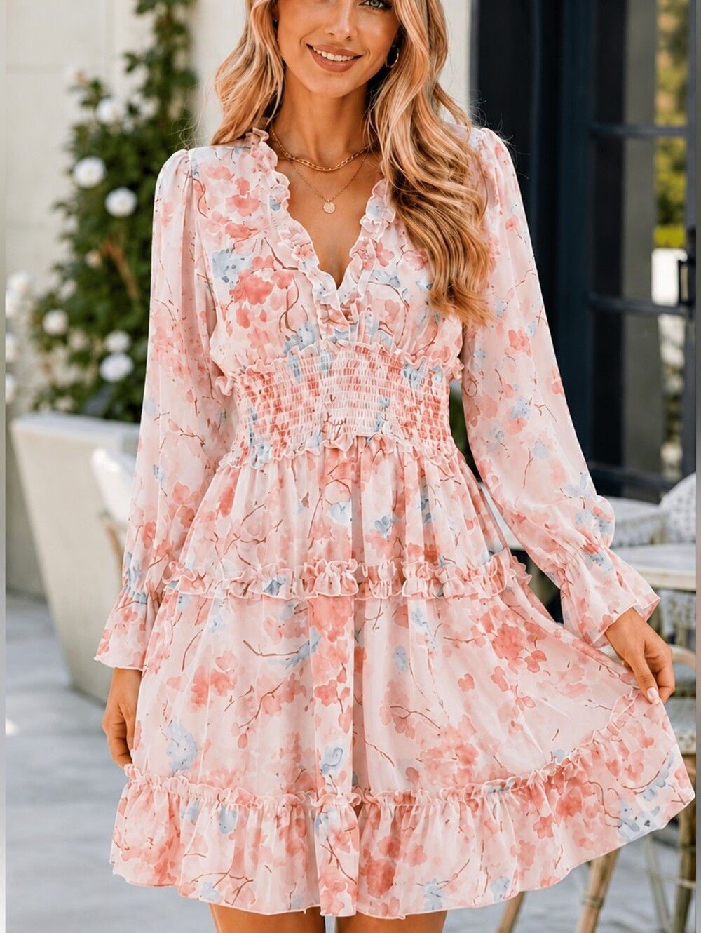 Boutique Floral Ruffle Mini Dress – Peach & Blue Print (Fits Like Medium) NWT